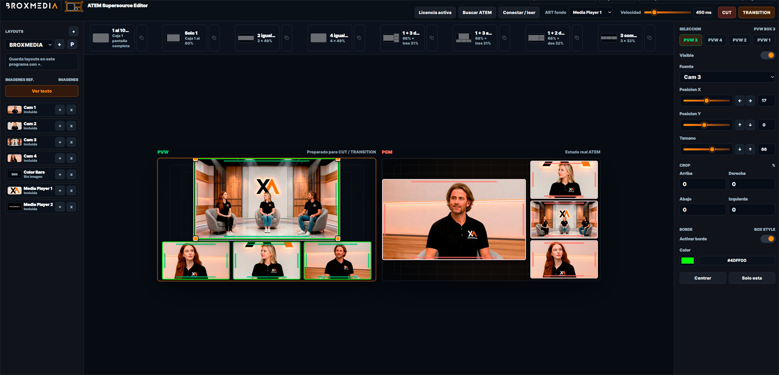 Captura de BROXMEDIA ATEM SuperSource Editor con layouts, programa 16:9 y controles de cajas SuperSource